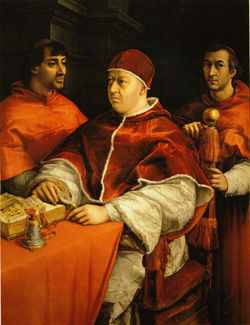 <b>Leone X between the cardinals Luigi de' Rossi and Giulio de' Medici by Raffaello</b>